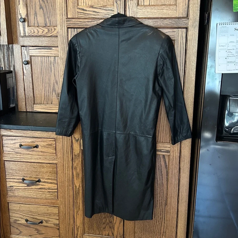 Vintage 80s‎ Black Leather Coat Full Length Maggie Lawrence Size Small Trench